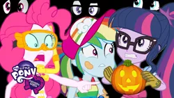 Size: 1280x720 | Tagged: safe, derpibooru import, screencap, pinkie pie, rainbow dash, sci-twi, sunset shimmer, twilight sparkle, equestria girls, equestria girls series, my little shop of horrors, spring breakdown, unsolved selfie mysteries, spoiler:eqg series (season 2), equestria girls logo, halloween, holiday, jack-o-lantern, poor quality, pumpkin, youtube, youtube thumbnail