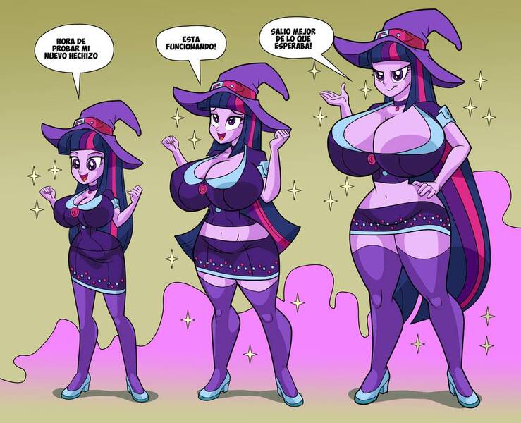 Size: 992x805 | Tagged: suggestive, artist:art-2u, derpibooru import, twilight sparkle, human, equestria girls, big breasts, bimbo, bimbo sparkle, breast expansion, breasts, busty twilight sparkle, cleavage, clothes, curvy, female, growth, growth spell, hand on hip, hat, hourglass figure, huge breasts, image, impossibly large breasts, jpeg, sequence, socks, solo, solo female, spanish, speech bubble, text, thick, thigh highs, thighs, translation request, wide hips, witch, witch hat