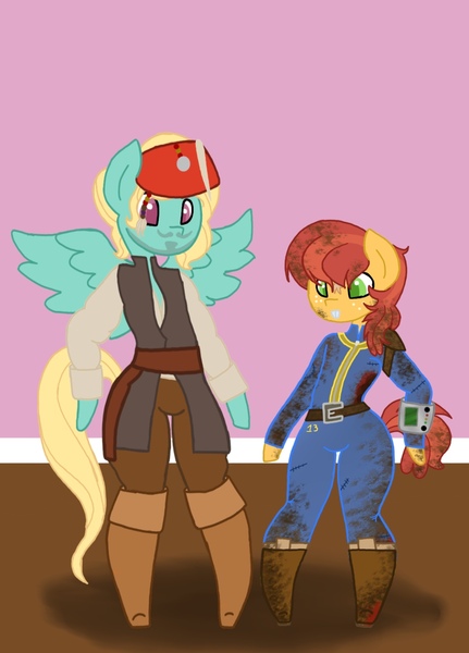 Size: 958x1333 | Tagged: safe, derpibooru import, half baked apple, zephyr breeze, anthro, earth pony, pegasus, apple breeze, apple family member, base used, captain jack sparrow costume, costume party, fallout new vegas courier costume, gay, male, m/m, shipping