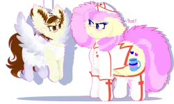 Size: 2500x1500 | Tagged: safe, artist:vanillaswirl6, derpibooru import, oc, oc:historic shine, oc:vanilla swirl, unofficial characters only, pony, angel, cheek fluff, chest fluff, clothes, costume, ear fluff, fluffy, halloween, holiday, nurse outfit, simple background, transparent background