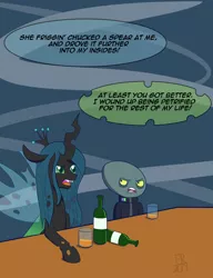 Size: 1500x1950 | Tagged: alcohol, artist:feralroku, bar, bottle, crossover, derpibooru import, dialogue, final space, glass, lord commander (final space), queen chrysalis, safe, speech bubble, the ending of the end