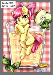 Size: 2149x3035 | Tagged: safe, artist:tokokami, derpibooru import, apple bloom, earth pony, pony, apple, blushing, bow, cup, cup of pony, female, filly, food, glass, hair bow, inktober, inktober 2019, juice, micro, picnic blanket, solo