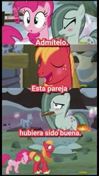 Size: 519x924 | Tagged: safe, derpibooru import, edit, edited screencap, screencap, big macintosh, marble pie, pinkie pie, earth pony, pony, hearthbreakers, blushing, comic, female, male, marblemac, mouth hold, pickaxe, screencap comic, shipping, spanish, straight