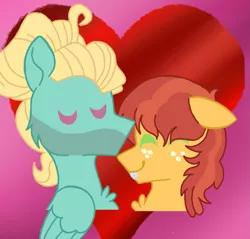 Size: 915x874 | Tagged: safe, derpibooru import, half baked apple, zephyr breeze, pony, abstract background, apple breeze, apple family member, base used, gay, heart, heart background, male, shipping