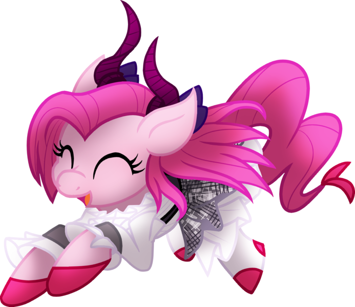 Size: 1345x1165 | Tagged: safe, artist:geraritydevillefort, derpibooru import, pinkie pie, earth pony, pony, clothes, devil horns, digital art, elizabeth bathory, fate/extra, fate/grand order, female, mare, simple background, smiling, solo, transparent background