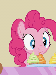 Size: 224x302 | Tagged: safe, artist:agrol, derpibooru import, pinkie pie, earth pony, pony, :i, animated, counter, cropped, cupcake, female, food, gif, glare, head shake, implied rainbow dash, implied twilight sparkle, looking at someone, make it a surprise, mare, mlp fim's ninth anniversary, no, nope, pinkie pie is not amused, reaction image, solo, sugarcube corner, unamused