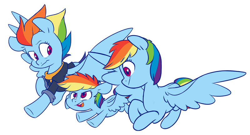 Size: 4488x2424 | Tagged: safe, artist:chub-wub, derpibooru import, part of a set, rainbow dash, pegasus, pony, the last problem, age progression, cute, dashabetes, dashstorm, female, filly, filly rainbow dash, high res, mare, multeity, older, older rainbow dash, open mouth, part of a series, self paradox, self ponidox, simple background, spread wings, time paradox, triality, triple rainbow, white background, wings, younger