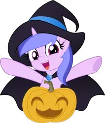 Size: 5000x5871 | Tagged: safe, artist:jhayarr23, derpibooru import, sea swirl, seafoam, pony, unicorn, background pony, cape, clothes, commission, costume, female, halloween, hat, holiday, mare, pumpkin, simple background, solo, transparent background, witch hat, ych result