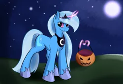 Size: 3140x2160 | Tagged: safe, artist:renarde-louve, derpibooru import, princess luna, trixie, pony, unicorn, clothes, costume, crown, female, full moon, glowing horn, halloween, high res, holiday, hoof shoes, horn, jewelry, levitation, magic, mare, moon, night, nightmare night costume, pumpkin bucket, regalia, smiling, solo, stars, telekinesis