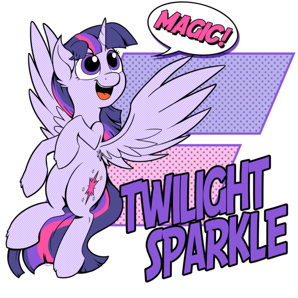 Size: 4000x4000 | Tagged: safe, artist:natsu714, derpibooru import, twilight sparkle, twilight sparkle (alicorn), alicorn, pony, design, flying, modern art, pop art, shirt design, solo, speech bubble, spread wings, wings