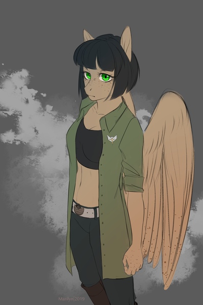 Size: 1438x2160 | Tagged: anthro, anthro oc, artist:verashelenberg, belt, clothes, derpibooru import, female, freckles, green eyes, jacket, lapel pin, looking at you, midriff, oc, oc:pepper spice, pegasus, pegasus oc, safe, simple background, sketch, solo, tanktop, unofficial characters only, wings