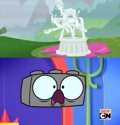 Size: 630x656 | Tagged: cozy glow, crossover, derpibooru import, edit, edited screencap, legion of doom statue, lego, lord tirek, meme, petrification, queen chrysalis, richard, safe, screencap, shocked, the ending of the end, unikitty! (tv series)