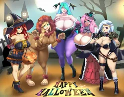 Size: 2035x1596 | Tagged: suggestive, artist:chigusa, derpibooru import, applejack, fluttershy, princess celestia, sunset shimmer, trixie, bat pony, human, vampire, animal costume, anime, applebutt, applelion, armpits, big breasts, breasts, busty applejack, busty fluttershy, busty princess celestia, busty sunset shimmer, busty trixie, butt, cleavage, clothes, cosplay, costume, darkstalkers, flutterbat, gothic lolita, halloween, halloween costume, holiday, huge breasts, humanized, impossibly large breasts, morrigan aensland, naga the serpent, pumpkin bucket, race swap, slayers