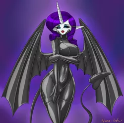 Size: 4293x4241 | Tagged: artist:nana-gel, breasts, busty rarity, clothes, derpibooru import, devil, elf ears, female, gloves, halloween, halloween 2019, holiday, human, humanized, latex, latex suit, lipstick, rarity, shiny, socks, stockings, suggestive, tail, thigh highs