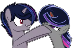 Size: 792x524 | Tagged: safe, artist:yourrdazzle, derpibooru import, oc, oc:crescent moon, oc:midnight shade, unofficial characters only, pony, unicorn, base used, female, male, mare, offspring, parent:king sombra, parent:twilight sparkle, parents:twibra, siblings, simple background, squishy cheeks, stallion, transparent background