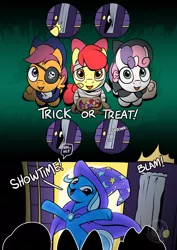 Size: 955x1351 | Tagged: safe, artist:mysticalpha, derpibooru import, apple bloom, scootaloo, sweetie belle, trixie, earth pony, pegasus, pony, unicorn, cape, clothes, cutie mark crusaders, eyepatch, female, filly, halloween, happy, hat, holiday, mare, mummy, mummy costume, open mouth, pirate costume, smiling, trick or treat, trixie's cape, trixie's hat, trixie's wagon, witch costume