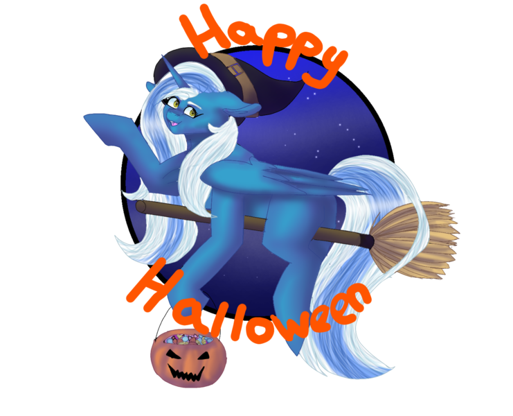 Size: 1437x1163 | Tagged: adorabelle, alicorn, alicorn oc, artist:angelstarofficial, broom, candy, clothes, costume, cute, derpibooru import, female, flying, flying broomstick, food, halloween, halloween costume, hat, holiday, horn, mare, oc, oc:fleurbelle, pumpkin, pumpkin bucket, safe, simple background, solo, transparent background, unofficial characters only, wings, witch hat