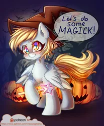 Size: 1000x1209 | Tagged: safe, artist:chaosangeldesu, derpibooru import, derpy hooves, pegasus, pony, blushing, halloween, hat, holiday, pumpkin, smiling, solo, witch hat