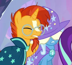 Size: 503x456 | Tagged: safe, derpibooru import, screencap, starlight glimmer, sunburst, trixie, pony, student counsel, covering eyes, cropped