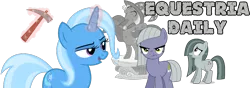 Size: 1000x350 | Tagged: safe, artist:luckreza8, derpibooru import, limestone pie, marble pie, trixie, earth pony, pony, unicorn, equestria daily, banner, pickaxe, statue, trixie day