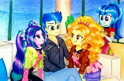 Size: 2977x1954 | Tagged: safe, artist:liaaqila, derpibooru import, adagio dazzle, aria blaze, flash sentry, sonata dusk, equestria girls, equestria girls series, find the magic, spoiler:eqg series (season 2), bedroom eyes, belt, blushing, clothes, commission, couch, dress, eyeshadow, feet, female, flash sentry gets all the dazzlings, flash sentry gets all the mares, flash sentry gets all the sirens, flash sentry gets all the waifus, flashagio, flasharia, food, headband, hoodie, imminent foursome, imminent orgy, imminent sex, jacket, jeans, leather jacket, licking, licking lips, makeup, male, pants, pillow, plant, polyamory, senata, shipping, shirt, shorts, sitting, sonataco, spiked headband, straight, taco, taco dress, that girl sure loves tacos, the dazzlings, tongue out, traditional art