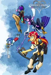 Size: 932x1358 | Tagged: safe, artist:jake heritagu, derpibooru import, aria blaze, sci-twi, sunset shimmer, twilight sparkle, oc, oc:sparkling sapphire, comic:aria's archives, equestria girls, clothes, cosplay, costume, female, halloween, holiday, keyblade, kingdom hearts, magical lesbian spawn, nightmare night, offspring, parent:sci-twi, parent:sunset shimmer, parents:scitwishimmer