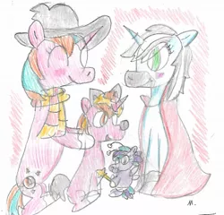 Size: 1241x1189 | Tagged: safe, artist:ptitemouette, derpibooru import, oc, oc:maestro doremi, oc:summer solstice, oc:sunny jewel, oc:violet soprano, pony, baby, baby pony, halloween, holiday, magical lesbian spawn, oc x oc, offspring, offspring shipping, offspring's offspring, parent:frederic horseshoepin, parent:neon lights, parent:oc:maestro doremi, parent:oc:saphire ring, parent:oc:sunny jewel, parent:starlight glimmer, parent:sunburst, parents:fredlights, parents:oc x oc, parents:starburst, shipping