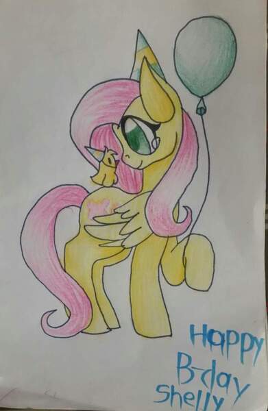 Size: 668x1024 | Tagged: safe, artist:pixelkip, derpibooru import, fluttershy, oc, oc:shelly, pegasus, pony, animal, balloon, chick, hat, party hat, traditional art