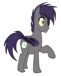 Size: 602x748 | Tagged: safe, artist:mjangelvortex, derpibooru import, oc, oc:sunshine smiles (egophiliac), unofficial characters only, bat pony, pony, bat pony oc, bat wings, digital art, ear fluff, eyepatch, fangs, happy, male, raised hoof, simple background, slit eyes, smiling, solo, stallion, trace, transparent background, wings