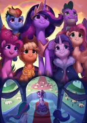 Size: 3508x4961 | Tagged: safe, artist:luciferamon, derpibooru import, applejack, fluttershy, pinkie pie, princess celestia, princess luna, princess twilight 2.0, rainbow dash, rarity, spike, twilight sparkle, twilight sparkle (alicorn), alicorn, dragon, earth pony, pegasus, pony, unicorn, the last problem, cape, clothes, coronation, coronation dress, cowboy hat, dress, end of ponies, female, gigachad spike, hat, male, mane seven, mane six, mare, older, older applejack, older fluttershy, older mane six, older pinkie pie, older rainbow dash, older rarity, older spike, older twilight, royal sisters, scarf, winged spike