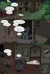 Size: 2000x3000 | Tagged: safe, artist:skitter, derpibooru import, fluttershy, rainbow dash, oc, oc:daffodil dream, pegasus, pony, comic:secret of the haunted nursery, abandoned, aside glance, comic, flashlight (object), haunted house, high res, looking at you, mouth hold, painting, sideways glance, speech bubble
