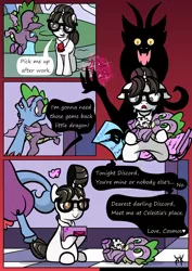 Size: 1446x2039 | Tagged: semi-grimdark, artist:pony4koma, derpibooru import, idw, cosmos (character), raven, spike, draconequus, dragon, pony, unicorn, ascot, canterlot castle, comic, crying, cute, date, female, glasses, hair bun, halloween, holiday, horn, i have no mouth and i must scream, inanimate tf, invitation, inviting, love letter, magic, male, mare, nightmare night, party, plushie, ponyville, ravenspike, secretary, shipping, spikabetes, straight, tears of sadness, transformation, trash can, wings