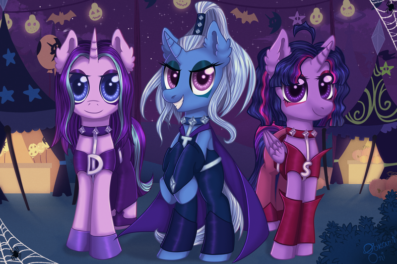 Size: 3000x2000 | Tagged: safe, artist:0okami-0ni, derpibooru import, starlight glimmer, trixie, twilight sparkle, twilight sparkle (alicorn), alicorn, pony, unicorn, alternate hairstyle, clothes, crossover, darcy (winx club), digital art, female, gloves, icy, icy (winx club), image, mare, night, nightmare night, png, shoes, stormy, the trix, winx club, witch