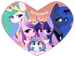 Size: 1680x1279 | Tagged: safe, artist:avrameow, derpibooru import, princess cadance, princess celestia, princess flurry heart, princess luna, twilight sparkle, twilight sparkle (alicorn), alicorn, pony, alicorn pentarchy, cute, cutedance, cutelestia, female, filly, flurrybetes, heart, looking at you, lunabetes, mare, royal sisters, twiabetes