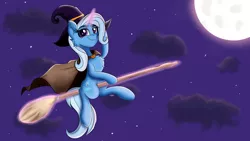 Size: 1920x1080 | Tagged: safe, artist:sadtrooper, derpibooru import, trixie, pony, unicorn, broom, chest fluff, flying, flying broomstick, full moon, halloween, hat, holiday, levitation, lidded eyes, looking at you, magic, moon, smiling, telekinesis, witch, witch hat