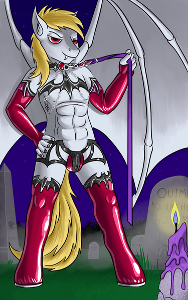 Size: 1200x1920 | Tagged: abs, anthro, anthro oc, artist:quakehoof, bat wings, candle, chains, clothes, collar, crotch bulge, derpibooru import, gem, gloves, gravestone, graveyard, latex, latex boots, latex gloves, leash, male, oc, oc:cutting chipset, solo, solo male, suggestive, text, unofficial characters only, vampire, wings, zipper