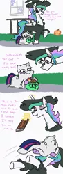 Size: 801x2200 | Tagged: safe, artist:jargon scott, derpibooru import, princess celestia, twilight sparkle, alicorn, ghost, pony, undead, attack, bedsheet ghost, candy, clothes, comic, costume, dialogue, eyes closed, female, food, halloween, halloween costume, hand, hat, holiday, jack-o-lantern, magic, magic hands, mare, now you fucked up, open mouth, pounce, pumpkin, pumpkin bucket, smiling, twiggie, u lil shid, wart, witch, witch hat