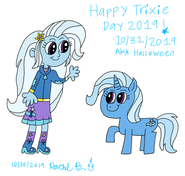 Size: 2651x2525 | Tagged: safe, artist:royalsmurf, artist:smurfettyblue, derpibooru import, trixie, pony, unicorn, equestria girls, blue text, human ponidox, self ponidox, trixie day