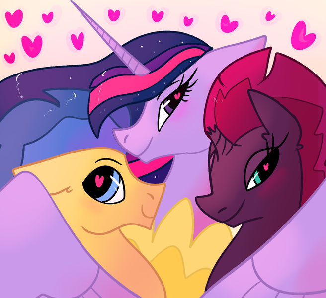 Size: 1425x1303 | Tagged: safe, artist:ch0c0butt, derpibooru import, flash sentry, princess twilight 2.0, tempest shadow, twilight sparkle, twilight sparkle (alicorn), alicorn, pegasus, pony, unicorn, the last problem, bi twi, bisexual, broken horn, female, flashlight, heart, heart eyes, horn, hug, lesbian, male, polyamory, shipping, straight, tempestflashlight, tempestlight, tempestsentry, wingding eyes, winghug