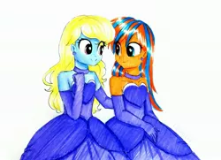 Size: 3215x2322 | Tagged: safe, artist:liaaqila, derpibooru import, oc, oc:azure/sapphire, oc:cold front, equestria girls, clothes, crossdressing, dress, femboy, gowns, male, matching outfits