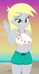 Size: 580x1095 | Tagged: safe, derpibooru import, edit, edited screencap, editor:ah96, screencap, derpy hooves, aww... baby turtles, equestria girls, equestria girls series, belly button, breast edit, breasts, busty derpy hooves, clothes, clothes edit, cropped, lidded eyes, looking at you, smiling, solo, swimsuit, swimsuit edit, waving