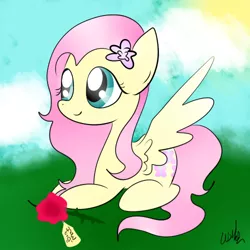 Size: 500x500 | Tagged: safe, artist:wisheslotus, derpibooru import, fluttershy, pegasus, pony, cloud, female, flower, mare, prone, rose, signature, solo, sun