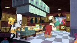 Size: 1920x1080 | Tagged: safe, derpibooru import, screencap, big macintosh, gourmand ramsay, port wine, puff pastry, rumble, earth pony, pegasus, pony, unicorn, the last problem, background pony, balancing, canterlot, chef, chef outfit, chef's hat, clothes, colt, continuity, cook, crate, frying pan, gordon ramsay, hat, kitchen, male, pot, stallion, suspenders
