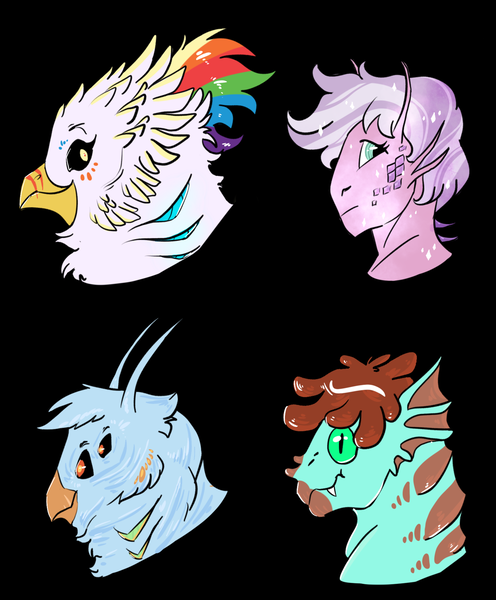 Size: 1280x1549 | Tagged: safe, artist:shimazun, derpibooru import, oc, oc:gren, oc:quartz horn, oc:rainbow feather, oc:scales, alien, gryphon, hippogriff, antennae, gills, interspecies offspring, magical lesbian spawn, multiple eyes, offspring, parent:gilda, parent:rainbow dash, parents:gildash, transformed