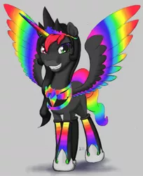 Size: 1117x1369 | Tagged: safe, artist:stillwaterspony, derpibooru import, oc, oc:still waters, unofficial characters only, pony, alicorn costume, boots, clothes, colored horn, colored wings, costume, grin, heterochromia, hoof shoes, horn, jewelry, male, multicolored tail, multicolored wings, nightmare night costume, prosthetic horn, prosthetics, rainbow wings, regalia, shoes, smiling, solo, spread wings, tiara, two toned mane, wings