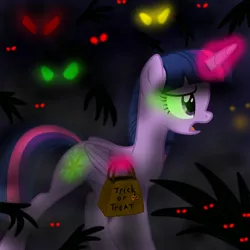 Size: 1000x1000 | Tagged: safe, artist:decprincess, derpibooru import, edit, twilight sparkle, twilight sparkle (alicorn), alicorn, pony, evil, fog, glowing eyes, halloween, hands behind back, holiday, leaves, nightmare night, scared, shadows, trick or treat, vector