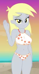 Size: 580x1095 | Tagged: safe, derpibooru import, edit, edited screencap, editor:ah96, screencap, derpy hooves, aww... baby turtles, equestria girls, equestria girls series, beach, beach babe, belly button, bikini, breast edit, breasts, busty derpy hooves, clothes, cropped, female, lidded eyes, looking at you, smiling, solo, swimsuit, swimsuit edit, waving
