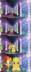 Size: 1024x2388 | Tagged: artist needed, safe, derpibooru import, flash sentry, princess flurry heart, sunburst, pegasus, pony, unicorn, covering, creepy, frightened, funny, halloween, hallway, holiday, looking at you, lyrics in the description, movie parody, movie reference, nightmare night, parody, song reference, the grady girls, the shining, twins, uncanny valley, walking towards you, wing covering, youtube link