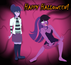 Size: 1000x904 | Tagged: safe, artist:jase1505, deleted from derpibooru, derpibooru import, sci-twi, twilight sparkle, human, series:sunlight horizons, equestria girls, angry, animated, dancing, gif, halloween, happy, holiday, midnight sparkle, shrunken pupils, silly, spooky dance, spoopy, sr pelo