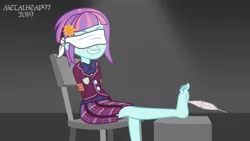 Size: 8000x4500 | Tagged: suggestive, artist:metalhead97, derpibooru import, sunny flare, equestria girls, arm behind back, barefoot, blindfold, bondage, chair, clothes, commission, crystal prep academy uniform, feather, feet, fetish, foot fetish, laughing, nail polish, school uniform, show accurate, sole, tickle torture, tickling, tied up, toenail polish, toenails, toes, uniform